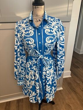 Flying Tomato Blue & White Printed Shirt Dress with Tie Waist